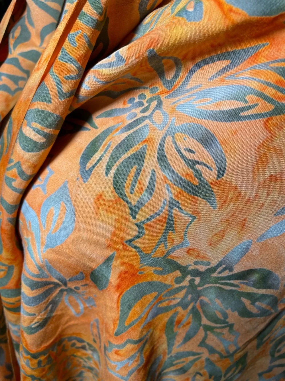 Vibrant Orange Floral Wrap Scarf Tasseled Batik Style‎ One Size